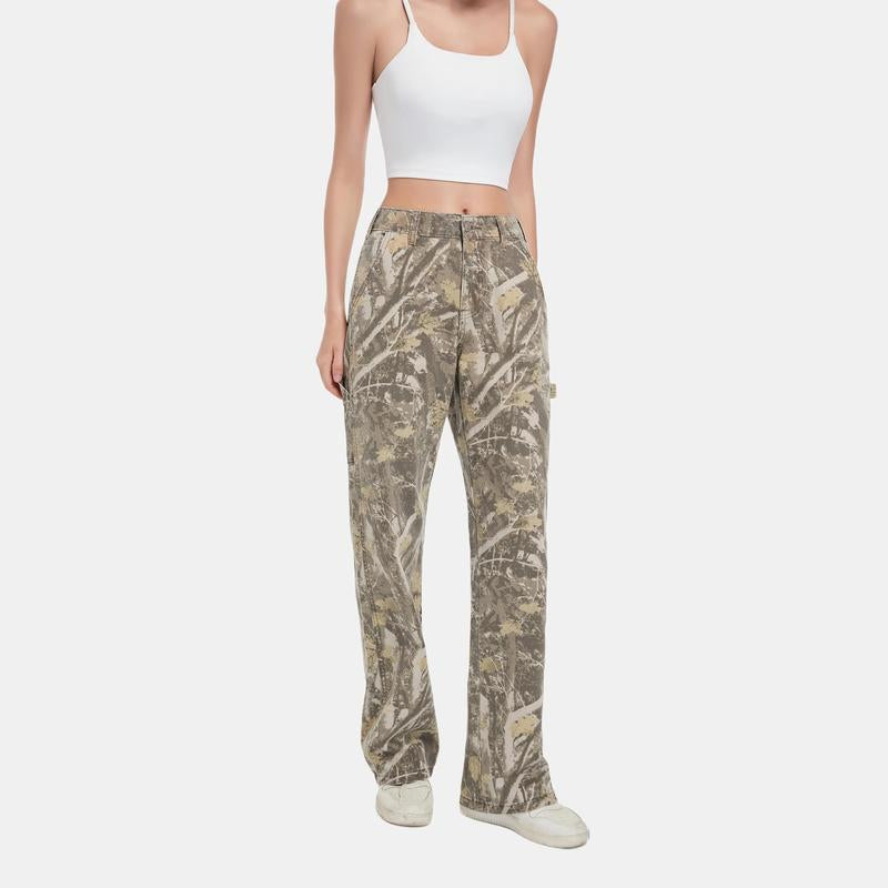 Pinkymoor Women’S Camo Pants, Stretch Mid-Low Rise Casual Cargo Pants with Branch Camouflage Pattern, Perfect for Work and Everyday Wear, Featuring Pockets and a Loose Straight-Leg Fit.