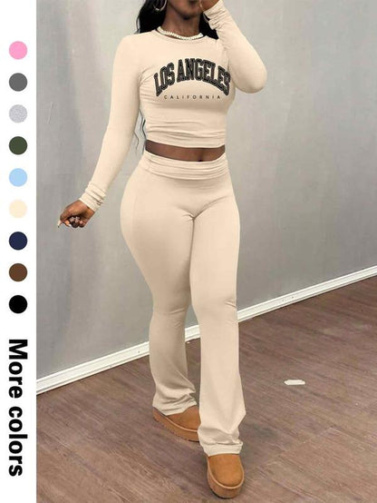 Women'S Letter Print Long Sleeve Crop Tee & Plain Flare Leg Pants Two-Piece Set, Casual Fashion Cozy round Neck Top & Bell Bottom Trousers for Daily Outdoor Wear, Women'S Clothing for Fall & Winter