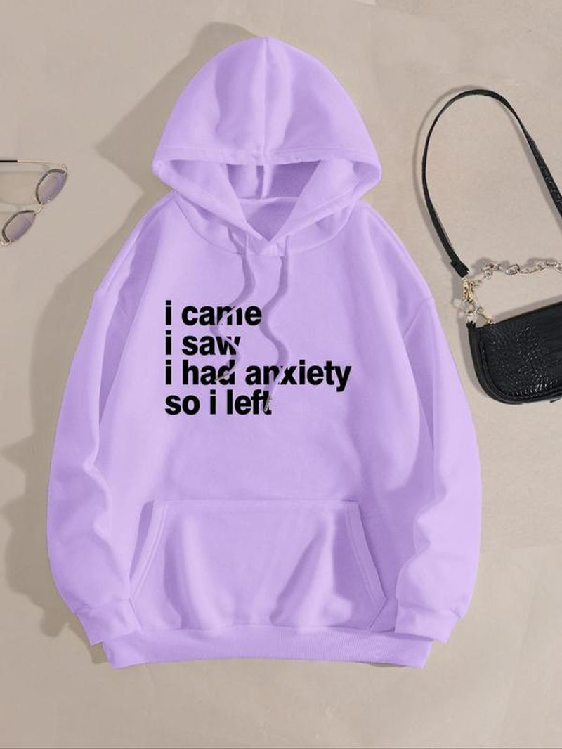 Women'S Letter Print Drawstring Drop Shoulder Hoodie, Fashion Casual Pocket Hooded Sweatshirt for Daily Holiday Outdoor Wear, Women Clothing for Fall & Winter