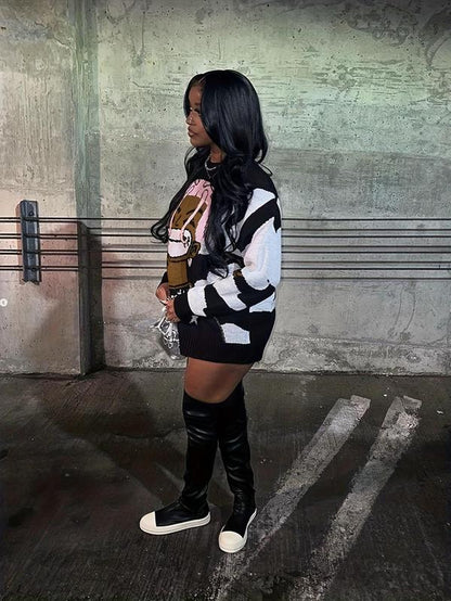 Women'S Cartoon Figure Print Drop Shoulder Sweater, Casual Comfort Long Sleeve round Neck Jumper for Daily Outdoor Wear, Women'S Knitwear for Fall & Winter