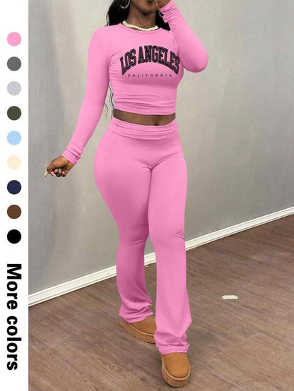 Women'S Letter Print Long Sleeve Crop Tee & Plain Flare Leg Pants Two-Piece Set, Casual Fashion Cozy round Neck Top & Bell Bottom Trousers for Daily Outdoor Wear, Women'S Clothing for Fall & Winter