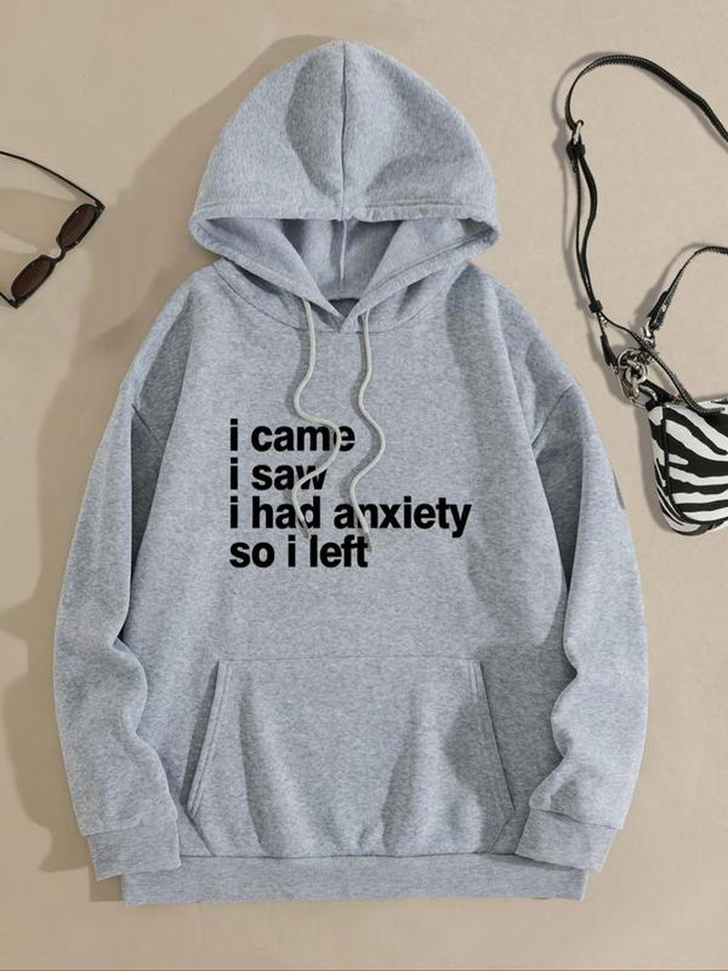 Women'S Letter Print Drawstring Drop Shoulder Hoodie, Fashion Casual Pocket Hooded Sweatshirt for Daily Holiday Outdoor Wear, Women Clothing for Fall & Winter