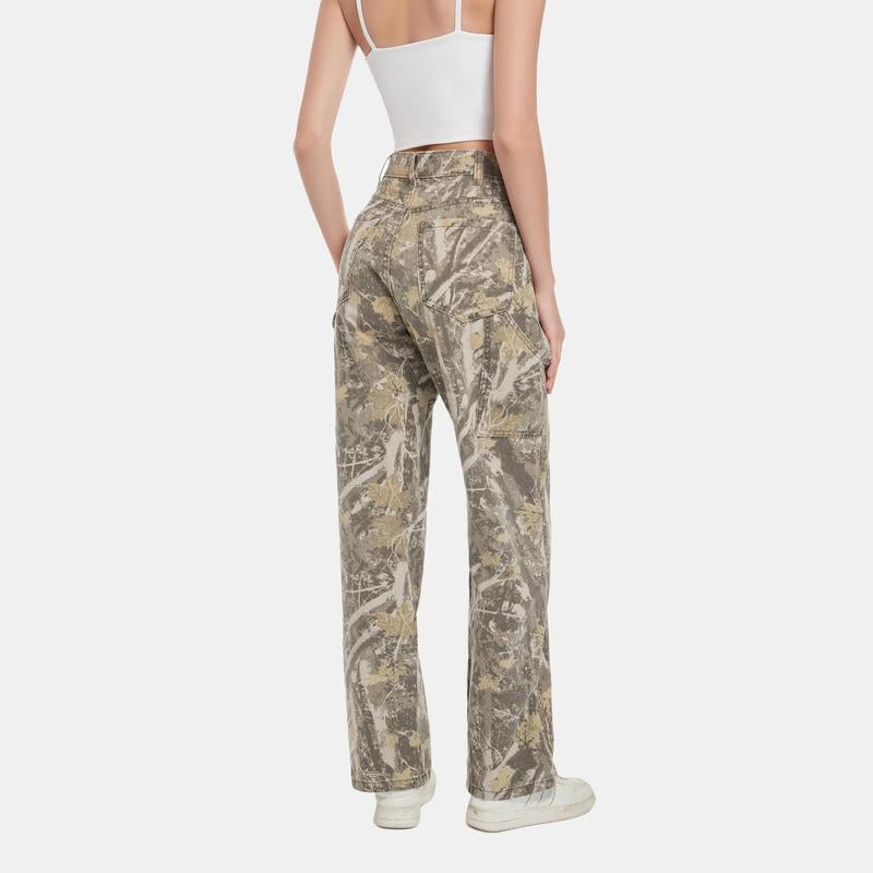 Pinkymoor Women’S Camo Pants, Stretch Mid-Low Rise Casual Cargo Pants with Branch Camouflage Pattern, Perfect for Work and Everyday Wear, Featuring Pockets and a Loose Straight-Leg Fit.
