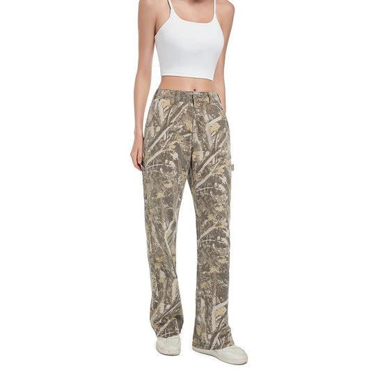 Pinkymoor Women’S Camo Pants, Stretch Mid-Low Rise Casual Cargo Pants with Branch Camouflage Pattern, Perfect for Work and Everyday Wear, Featuring Pockets and a Loose Straight-Leg Fit.