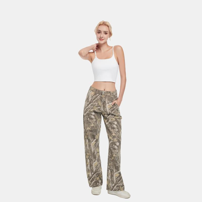 Pinkymoor Women’S Camo Pants, Stretch Mid-Low Rise Casual Cargo Pants with Branch Camouflage Pattern, Perfect for Work and Everyday Wear, Featuring Pockets and a Loose Straight-Leg Fit.