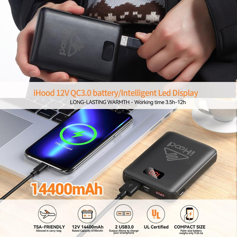 Ihood Men'S Heated Jacket with Detachable Hood 14400Mah Battery, Waterproof Winter Outdoor Heating Jackets for Men