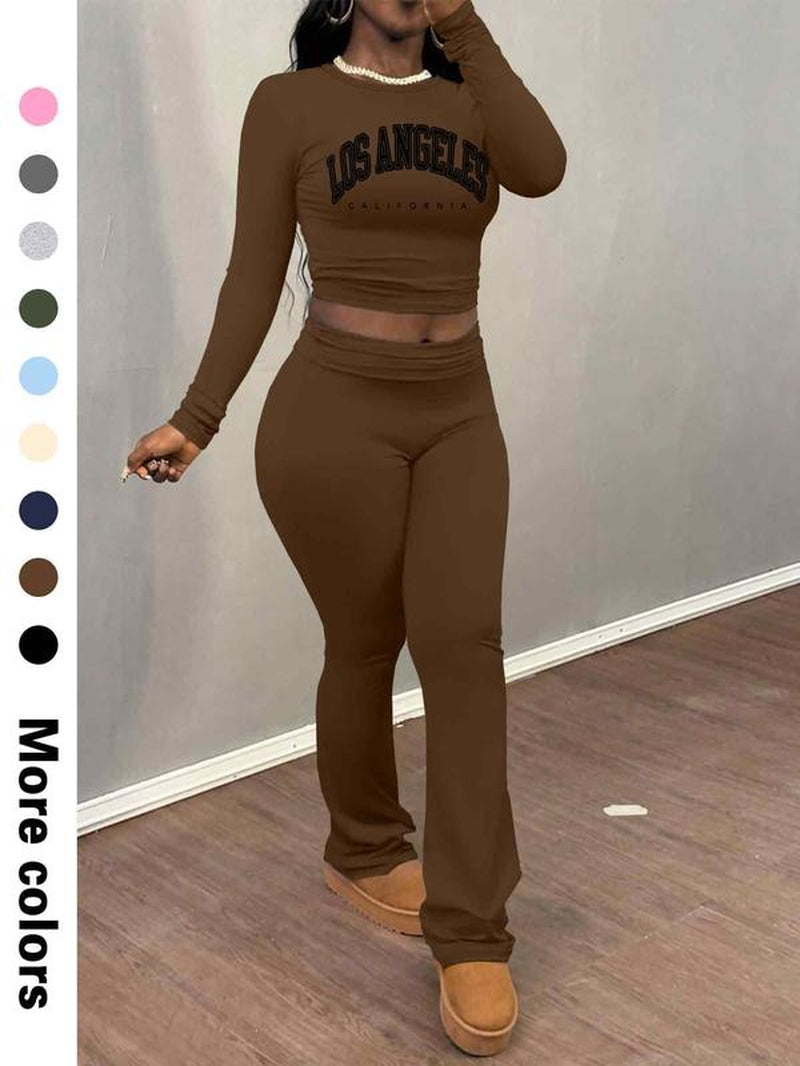 Women'S Letter Print Long Sleeve Crop Tee & Plain Flare Leg Pants Two-Piece Set, Casual Fashion Cozy round Neck Top & Bell Bottom Trousers for Daily Outdoor Wear, Women'S Clothing for Fall & Winter