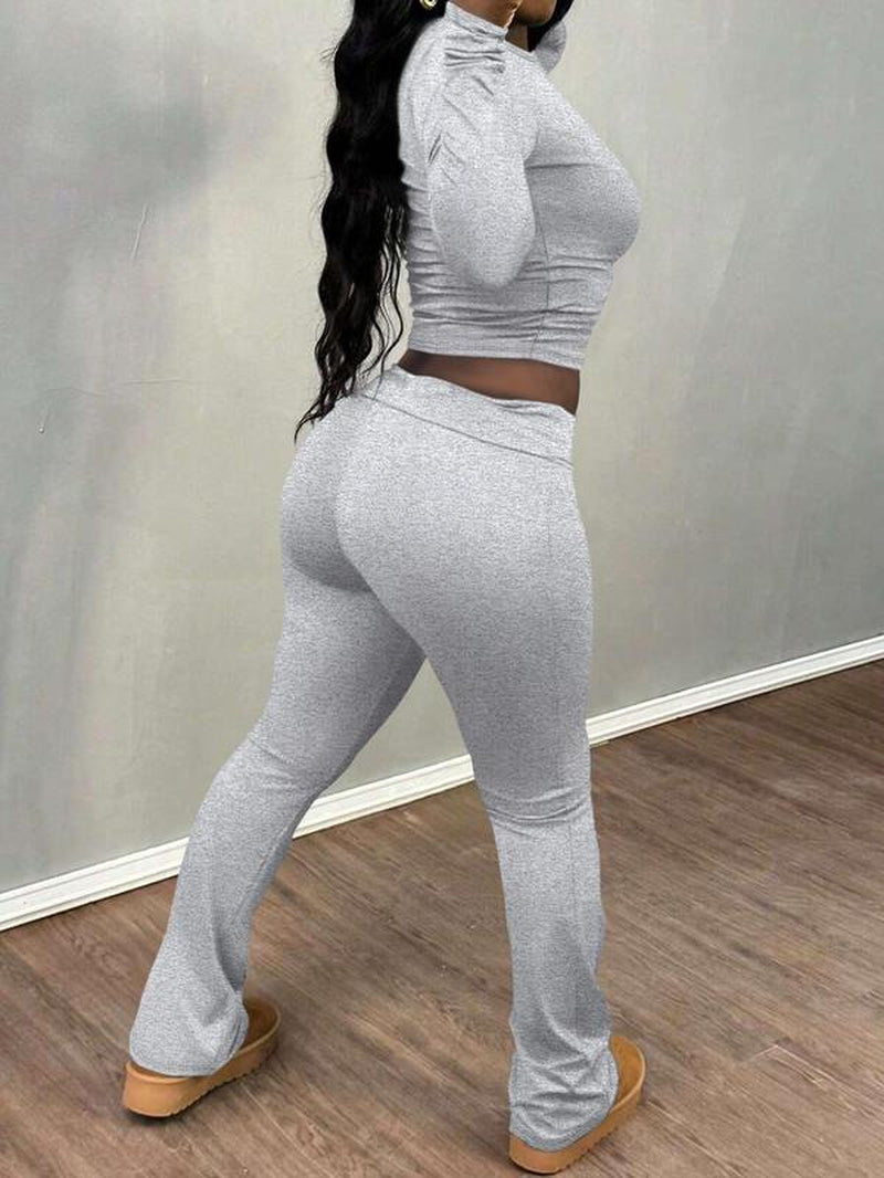 Women'S Letter Print Long Sleeve Crop Tee & Plain Flare Leg Pants Two-Piece Set, Casual Fashion Cozy round Neck Top & Bell Bottom Trousers for Daily Outdoor Wear, Women'S Clothing for Fall & Winter