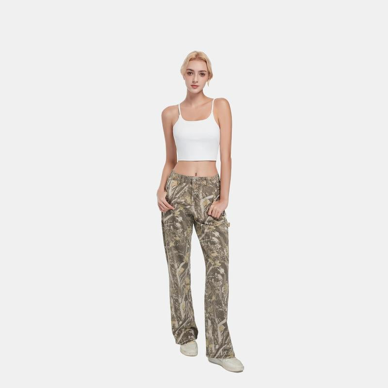 Pinkymoor Women’S Camo Pants, Stretch Mid-Low Rise Casual Cargo Pants with Branch Camouflage Pattern, Perfect for Work and Everyday Wear, Featuring Pockets and a Loose Straight-Leg Fit.