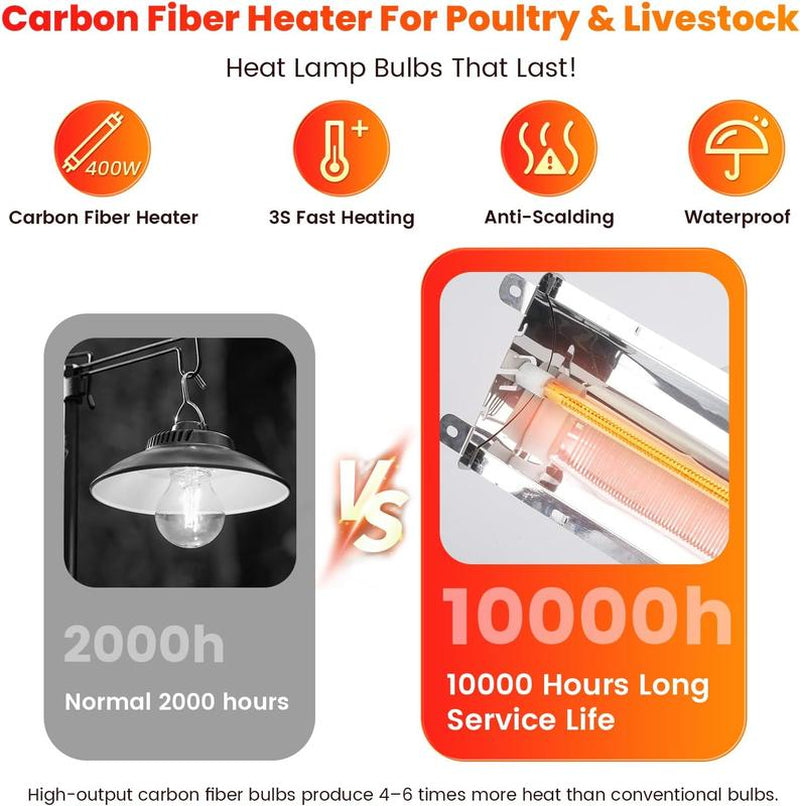 400W Large Chicken Coop Heater, Carbon Fiber Heating Lamp Outdoor Winter, Protable 2 Mode Temp & Hanging Height for Coop Rabbits Livestock Heating Plate Chicks Poultry House