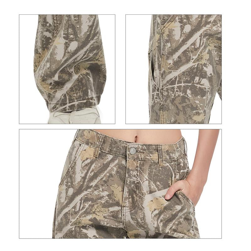 Pinkymoor Women’S Camo Pants, Stretch Mid-Low Rise Casual Cargo Pants with Branch Camouflage Pattern, Perfect for Work and Everyday Wear, Featuring Pockets and a Loose Straight-Leg Fit.