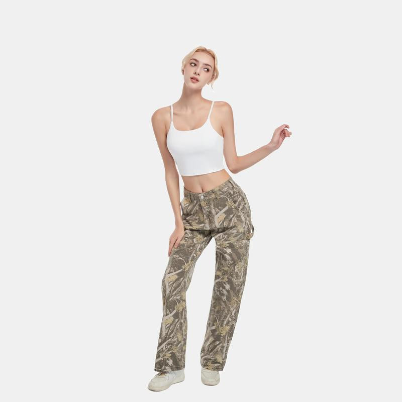 Pinkymoor Women’S Camo Pants, Stretch Mid-Low Rise Casual Cargo Pants with Branch Camouflage Pattern, Perfect for Work and Everyday Wear, Featuring Pockets and a Loose Straight-Leg Fit.