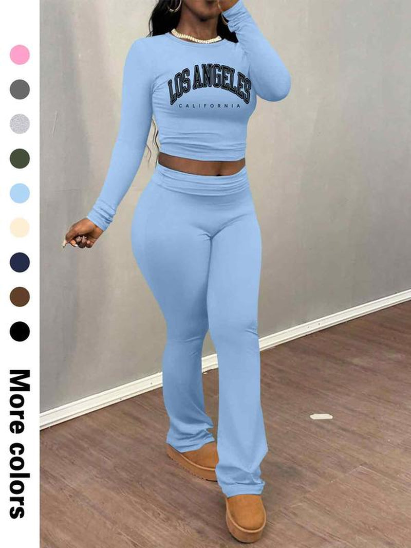 Women'S Letter Print Long Sleeve Crop Tee & Plain Flare Leg Pants Two-Piece Set, Casual Fashion Cozy round Neck Top & Bell Bottom Trousers for Daily Outdoor Wear, Women'S Clothing for Fall & Winter