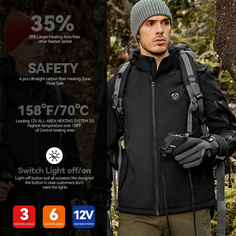 Ihood Men'S Heated Jacket with Detachable Hood 14400Mah Battery, Waterproof Winter Outdoor Heating Jackets for Men