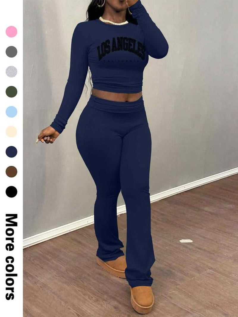Women'S Letter Print Long Sleeve Crop Tee & Plain Flare Leg Pants Two-Piece Set, Casual Fashion Cozy round Neck Top & Bell Bottom Trousers for Daily Outdoor Wear, Women'S Clothing for Fall & Winter